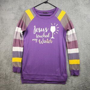 Womens Tunic Oversized Pullover Size Small Purple Striped Sleeve Jesus Wine Cozy